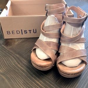 Size 7 Bed Stu wooden heeled straps wedges.